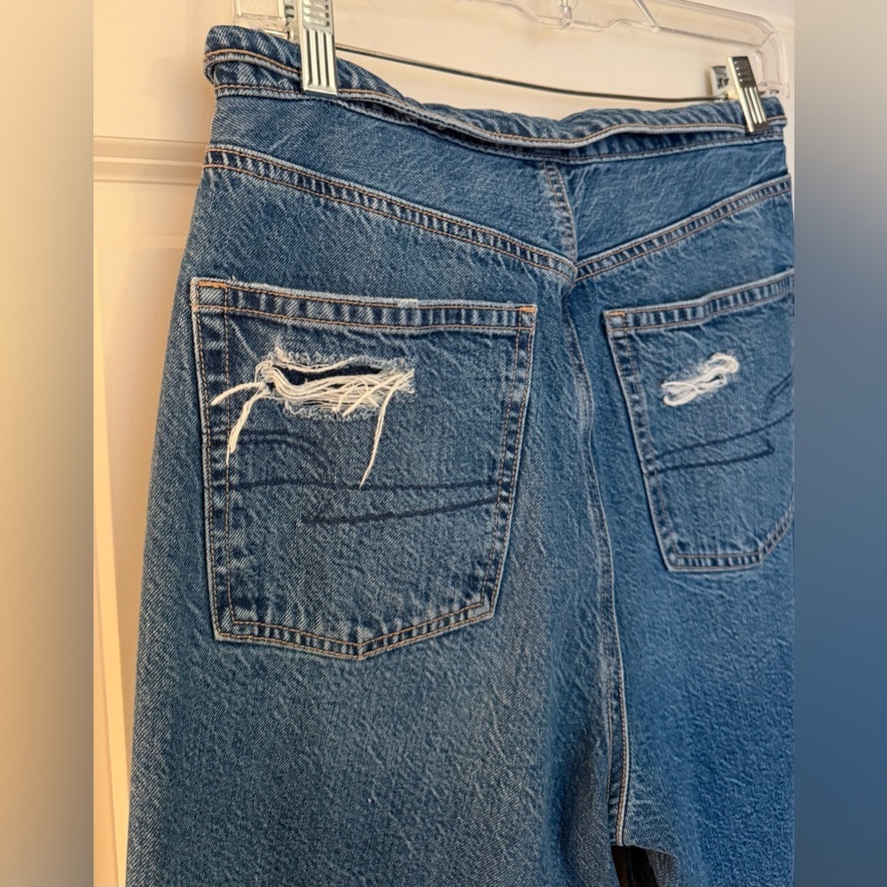 American Eagle Foldover High Waist Straight Leg Jeans, Distressed Blue, 8 Short - Picture 8 of 15